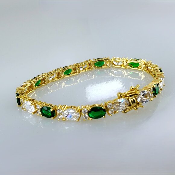 14K Gold Womens 2ct Green Emerald Oval Gemstone Diamond Tennis Bracelet 7" inch - Picture 3 of 9
